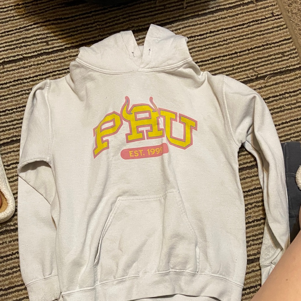 White PRU Hoodie with Yellow and Pink Logo